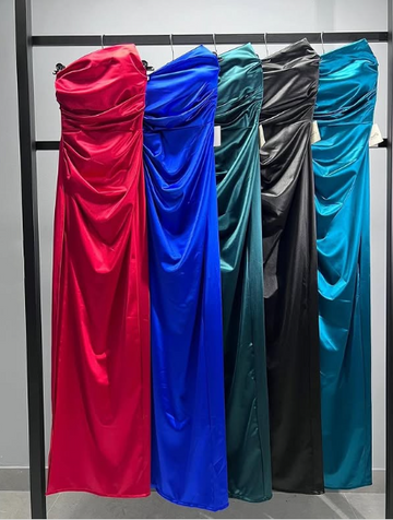 Sheath Strapless Neckline Slit Satin Long Party Dress Prom Dresses SD2446